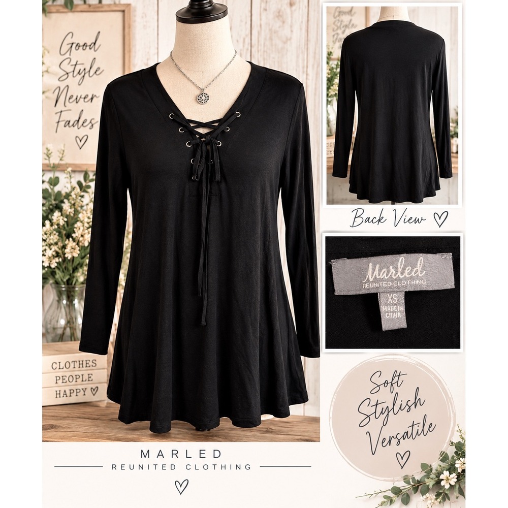 Marled Reunited Clothing Womens Black Lace Up V-Neck Long Sleeve Top XS